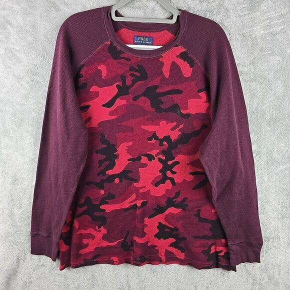 Polo Ralph Lauren Waffle Knit Shirt‎ Mens 2XL Red Black Camouflage Pony Thermal - Picture 1 of 7